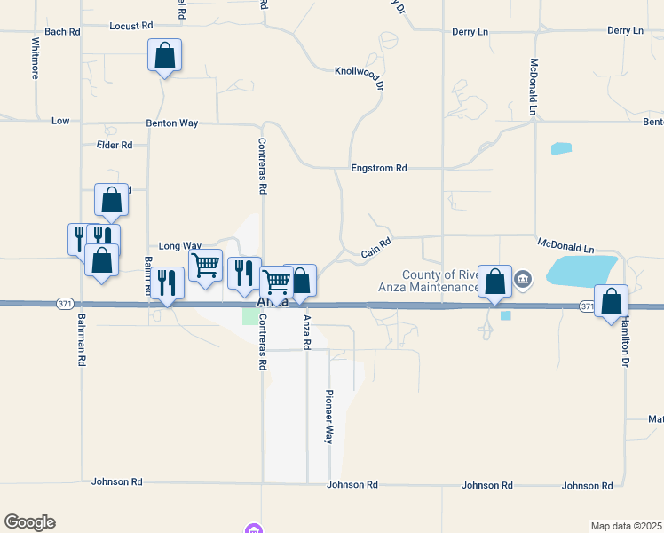 map of restaurants, bars, coffee shops, grocery stores, and more near 56735 Cain Road in Anza