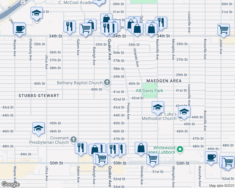 map of restaurants, bars, coffee shops, grocery stores, and more near 4313 41st St in Lubbock