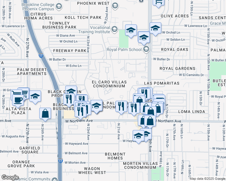 map of restaurants, bars, coffee shops, grocery stores, and more near 8025 North 21st Drive in Phoenix