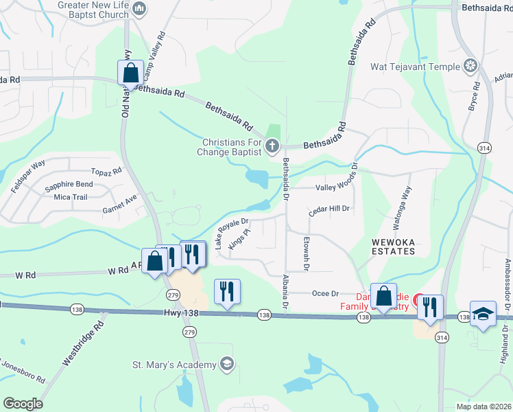 map of restaurants, bars, coffee shops, grocery stores, and more near 2215 Lake Royale Drive in Riverdale