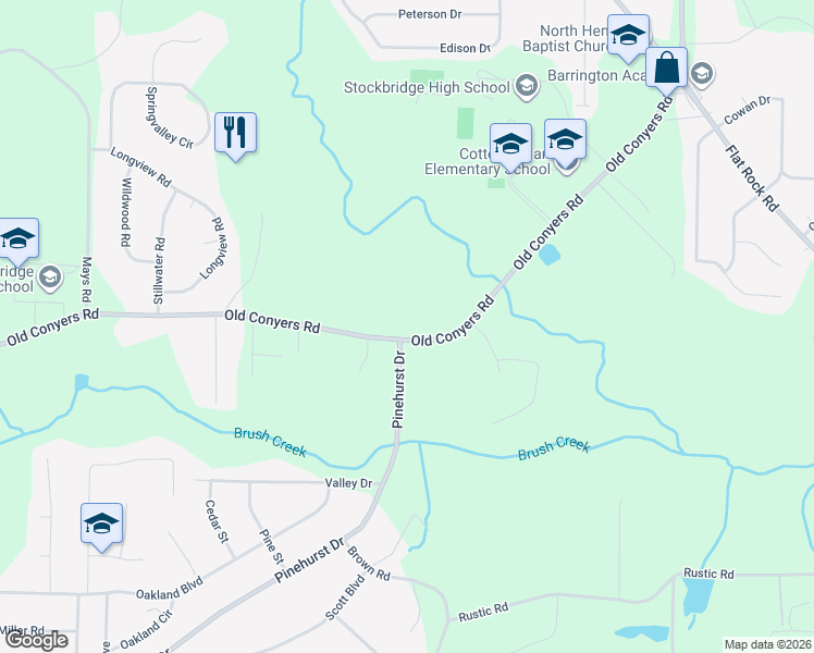 map of restaurants, bars, coffee shops, grocery stores, and more near 961 Old Conyers Road in Stockbridge