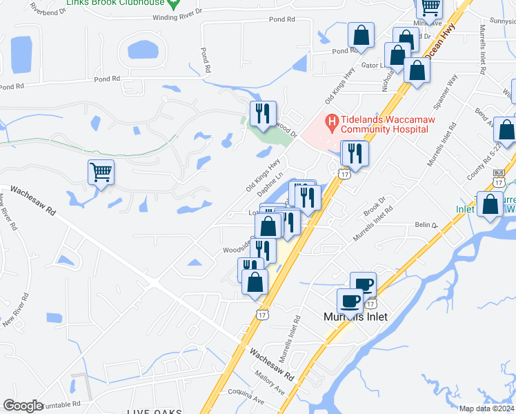 map of restaurants, bars, coffee shops, grocery stores, and more near 4310 Lotus Court in Murrells Inlet