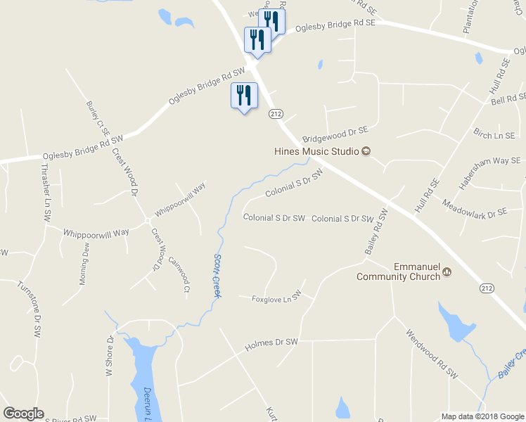 map of restaurants, bars, coffee shops, grocery stores, and more near 1765 Colonial South Drive Southwest in Conyers