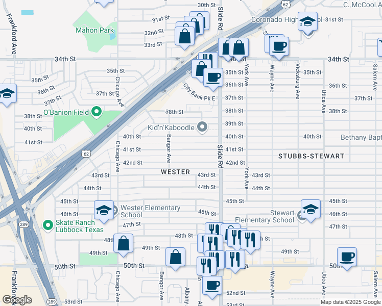 map of restaurants, bars, coffee shops, grocery stores, and more near 5223 41st St in Lubbock