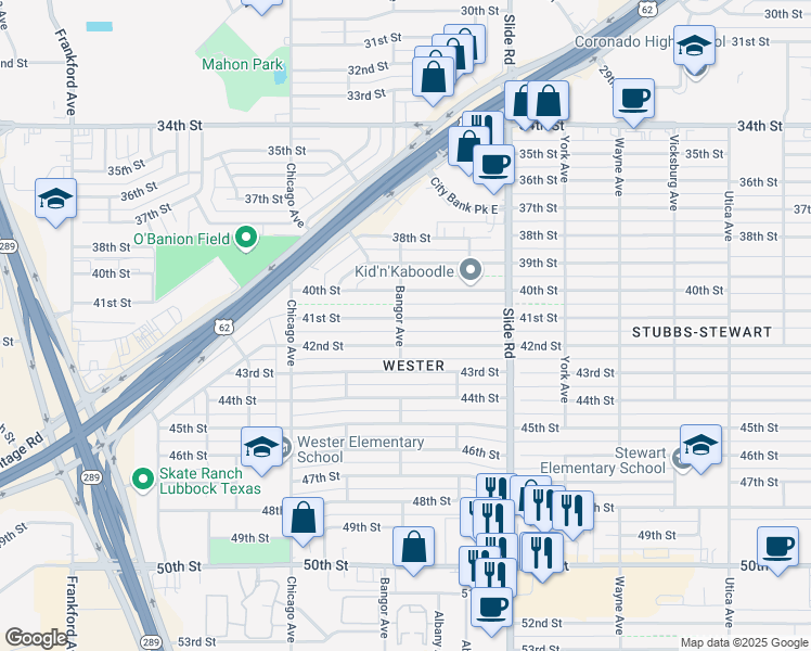 map of restaurants, bars, coffee shops, grocery stores, and more near 5239 41st Street in Lubbock