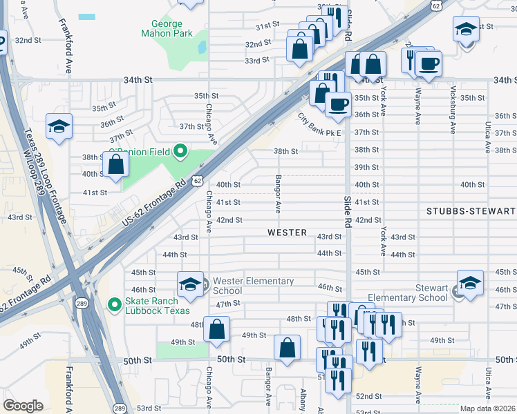 map of restaurants, bars, coffee shops, grocery stores, and more near 5413 41st St in Lubbock