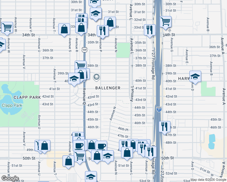 map of restaurants, bars, coffee shops, grocery stores, and more near in Lubbock