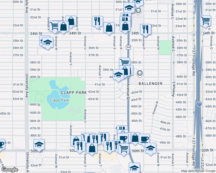 map of restaurants, bars, coffee shops, grocery stores, and more near 1913 41st Street in Lubbock