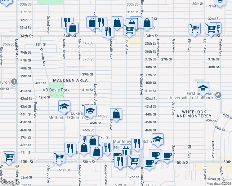 map of restaurants, bars, coffee shops, grocery stores, and more near 3520 42nd Street in Lubbock