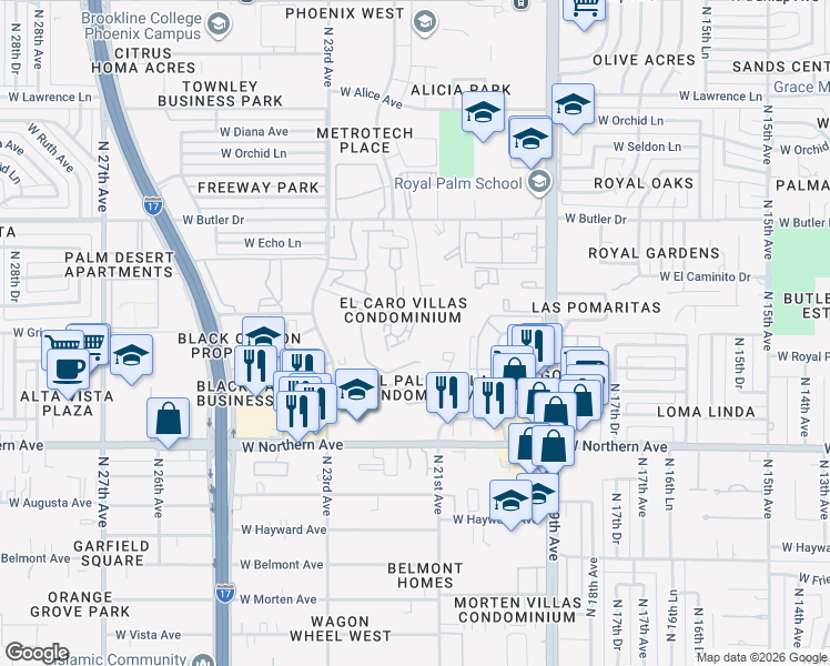 map of restaurants, bars, coffee shops, grocery stores, and more near 8025 North 21st Drive in Phoenix