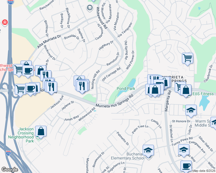 map of restaurants, bars, coffee shops, grocery stores, and more near 25959 Summer Hill Court in Murrieta
