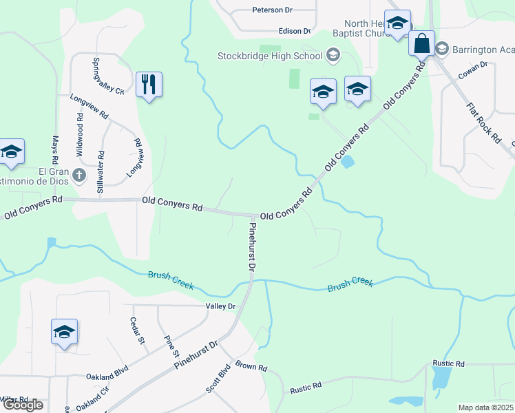 map of restaurants, bars, coffee shops, grocery stores, and more near 961 Old Conyers Road in Stockbridge