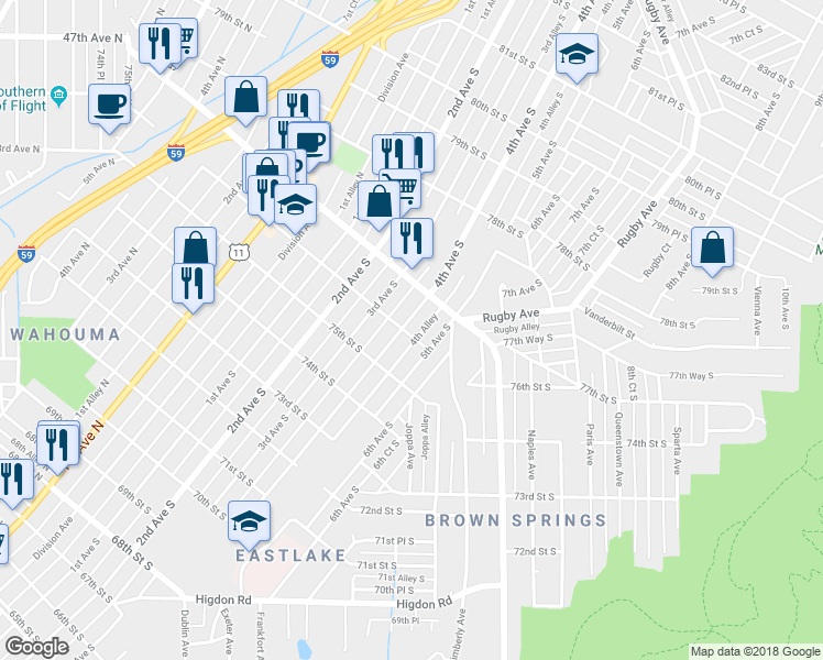 map of restaurants, bars, coffee shops, grocery stores, and more near 7600 5th Avenue South in Birmingham