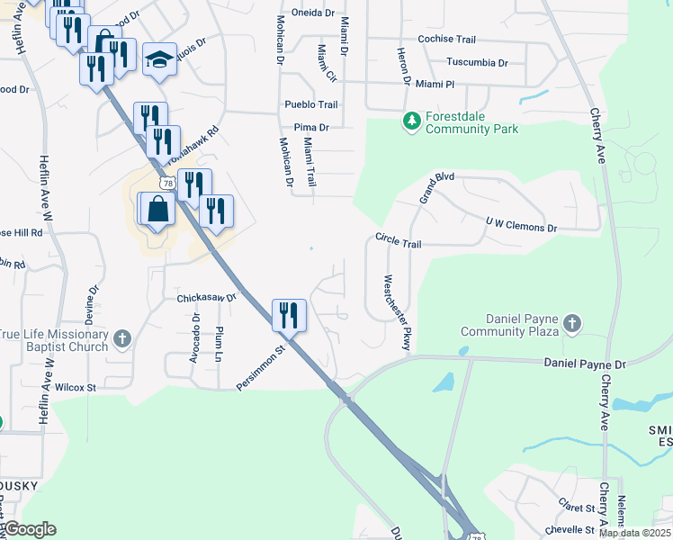 map of restaurants, bars, coffee shops, grocery stores, and more near 1153 Pebble Creek Parkway in Birmingham
