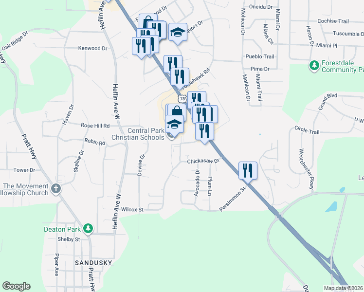 map of restaurants, bars, coffee shops, grocery stores, and more near 209 Crabapple Lane in Forestdale