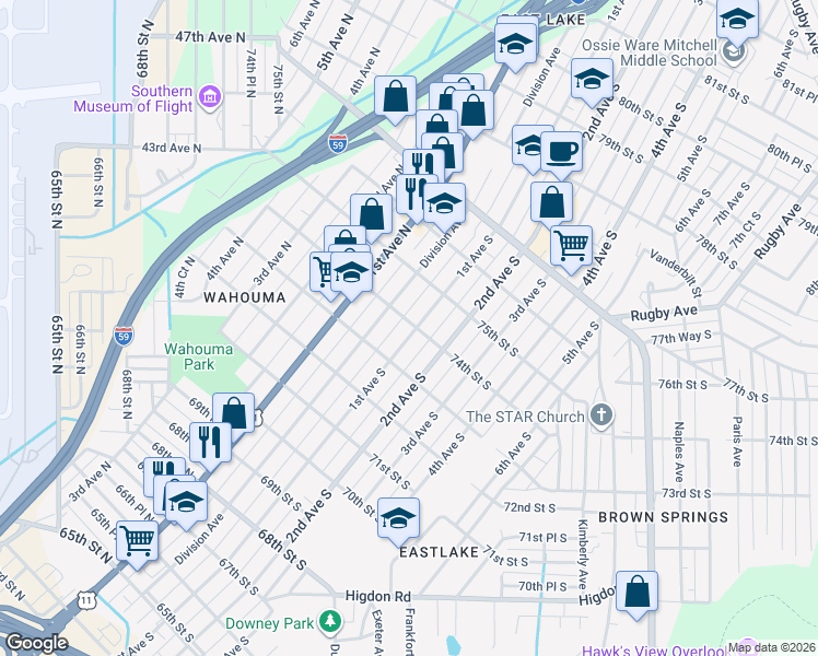 map of restaurants, bars, coffee shops, grocery stores, and more near 7333 1st Avenue South in Birmingham