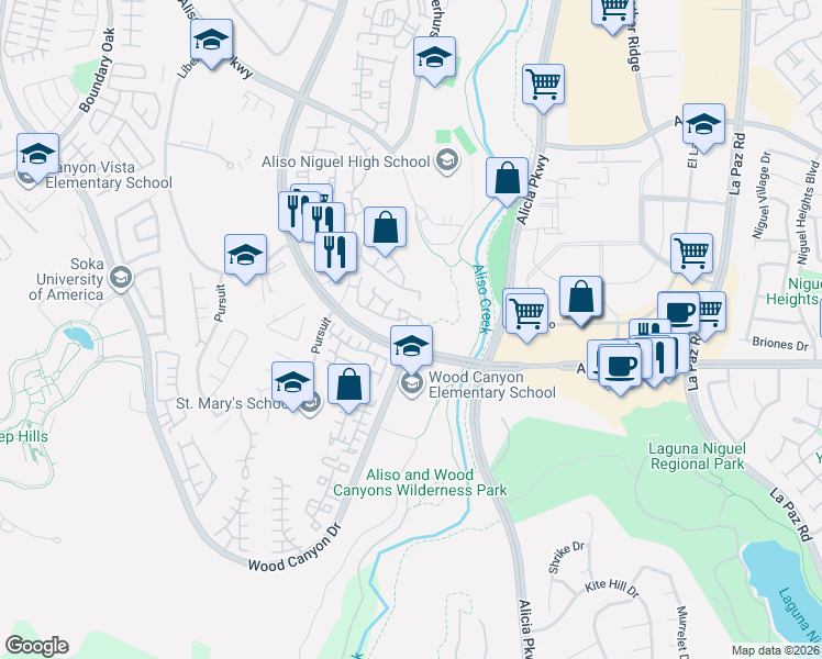 map of restaurants, bars, coffee shops, grocery stores, and more near 125 Gauguin Circle in Aliso Viejo
