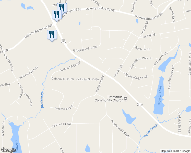 map of restaurants, bars, coffee shops, grocery stores, and more near 1605 Colonial South Drive Southwest in Conyers