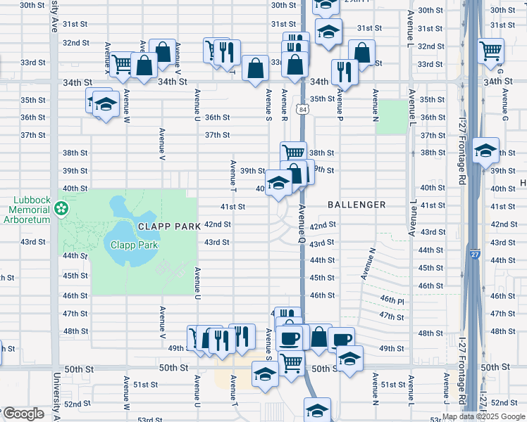 map of restaurants, bars, coffee shops, grocery stores, and more near 1901 41st Street in Lubbock