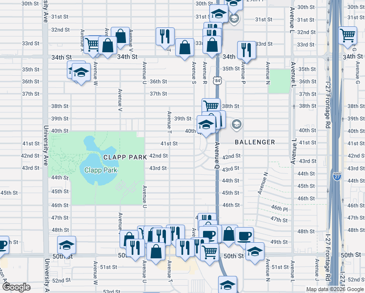 map of restaurants, bars, coffee shops, grocery stores, and more near 1913 41st Street in Lubbock