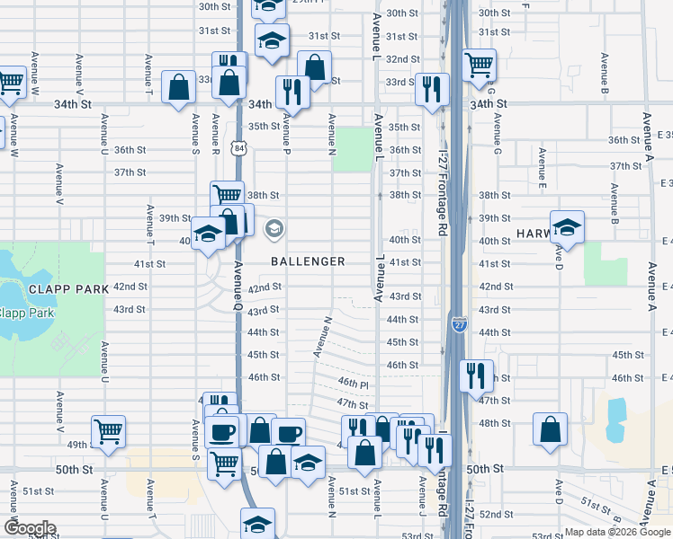 map of restaurants, bars, coffee shops, grocery stores, and more near 1317 41st Street in Lubbock