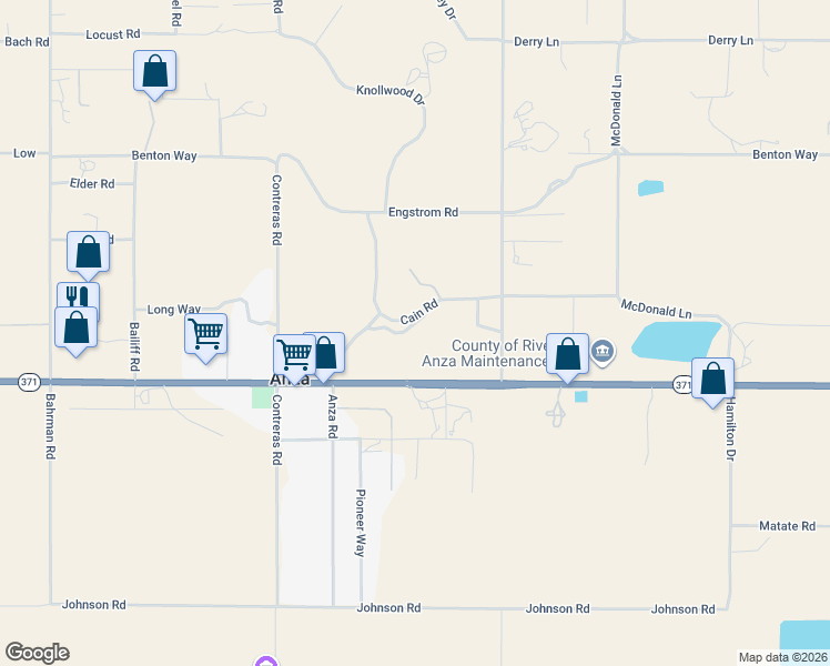 map of restaurants, bars, coffee shops, grocery stores, and more near 56795 Cain Road in Anza