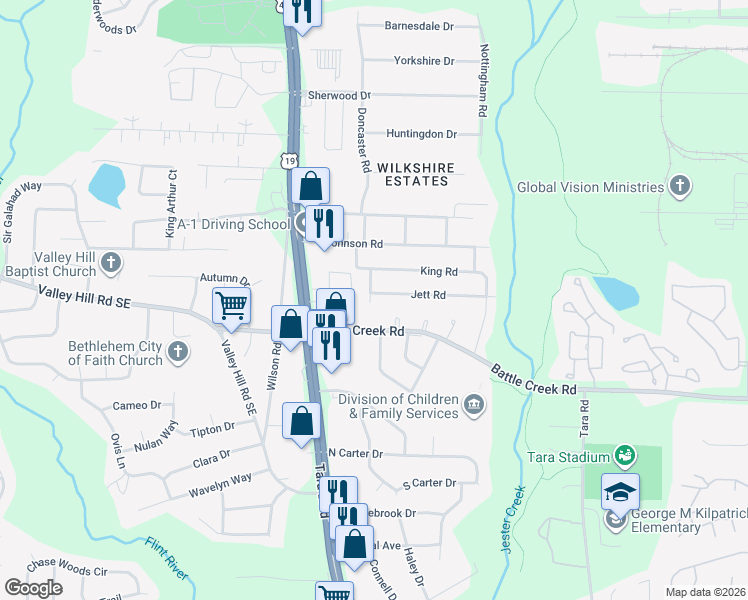 map of restaurants, bars, coffee shops, grocery stores, and more near 737 Jett Road in Jonesboro