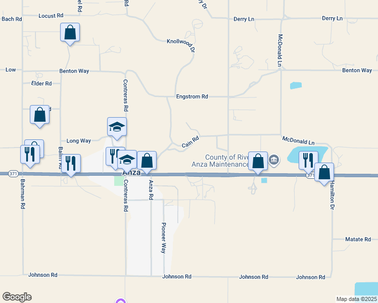 map of restaurants, bars, coffee shops, grocery stores, and more near 56795 Cain Road in Anza