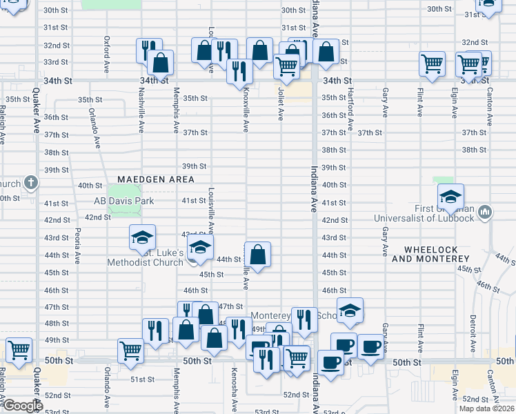 map of restaurants, bars, coffee shops, grocery stores, and more near 3520 42nd Street in Lubbock