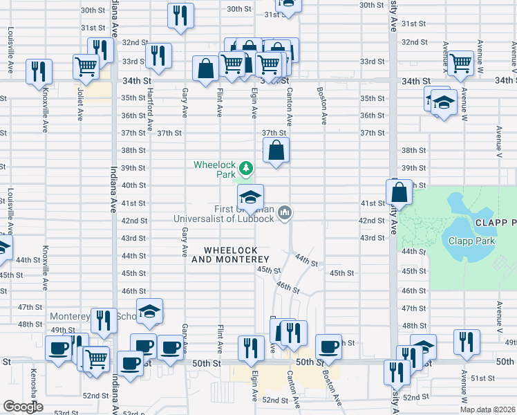 map of restaurants, bars, coffee shops, grocery stores, and more near 2821 41st Street in Lubbock