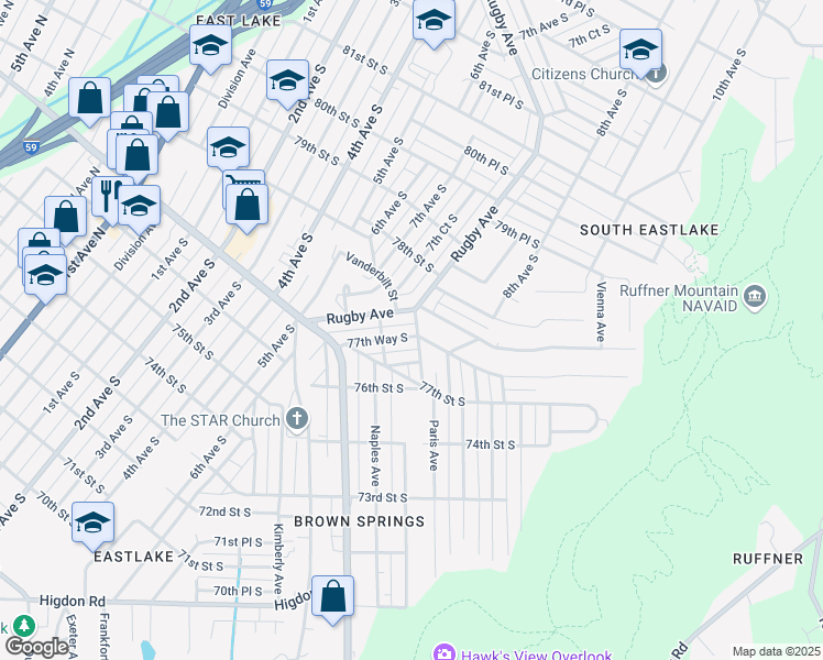 map of restaurants, bars, coffee shops, grocery stores, and more near 725 77th Way South in Birmingham