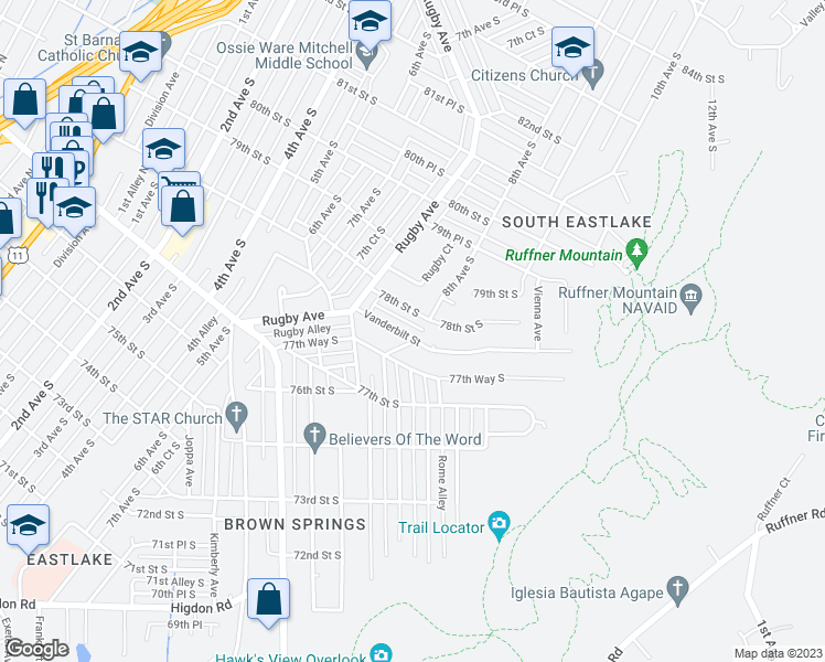 map of restaurants, bars, coffee shops, grocery stores, and more near 763 Vanderbilt Street in Birmingham