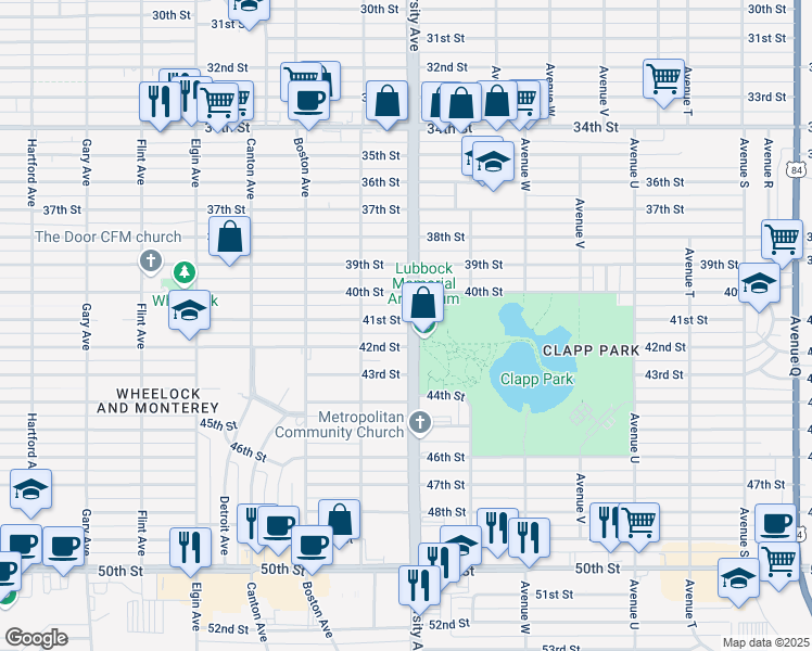 map of restaurants, bars, coffee shops, grocery stores, and more near 2503 41st Street in Lubbock