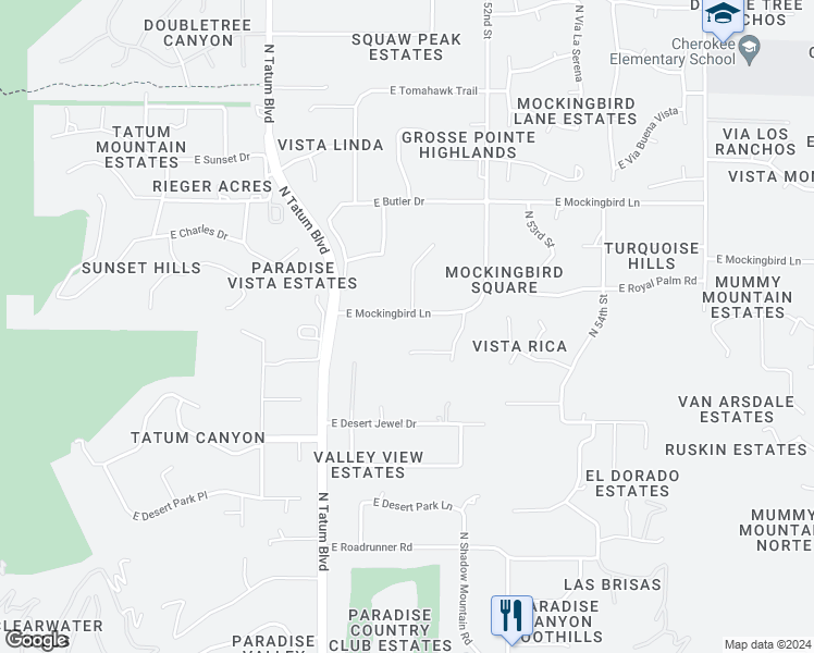 map of restaurants, bars, coffee shops, grocery stores, and more near 4987 East Mockingbird Lane in Paradise Valley