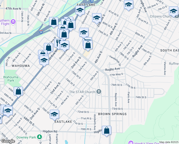 map of restaurants, bars, coffee shops, grocery stores, and more near 7601 4th Avenue South in Birmingham