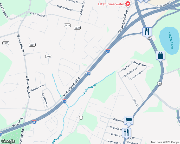 map of restaurants, bars, coffee shops, grocery stores, and more near Interstate 20 in North Augusta