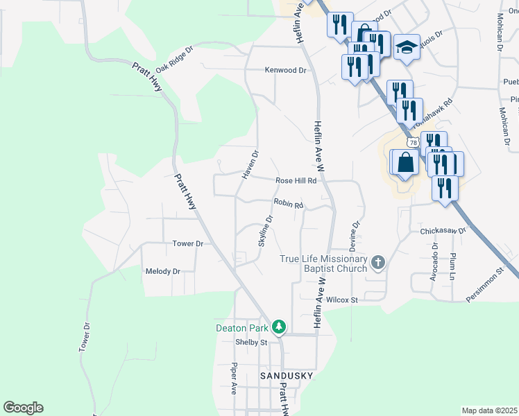 map of restaurants, bars, coffee shops, grocery stores, and more near 605 Robin Road in Birmingham