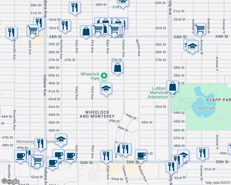 map of restaurants, bars, coffee shops, grocery stores, and more near 2818 42nd Street in Lubbock