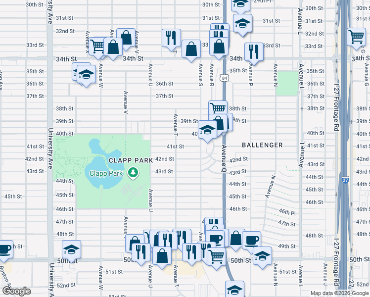 map of restaurants, bars, coffee shops, grocery stores, and more near 1913 41st Street in Lubbock