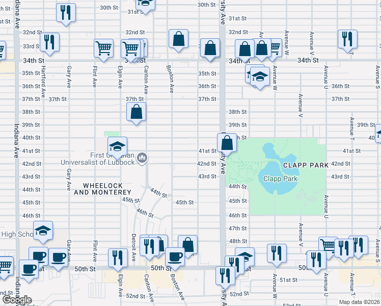 map of restaurants, bars, coffee shops, grocery stores, and more near 2522 42nd Street in Lubbock