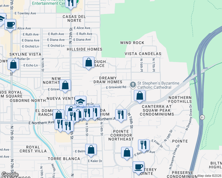 map of restaurants, bars, coffee shops, grocery stores, and more near 1414 East Royal Palm Road in Phoenix