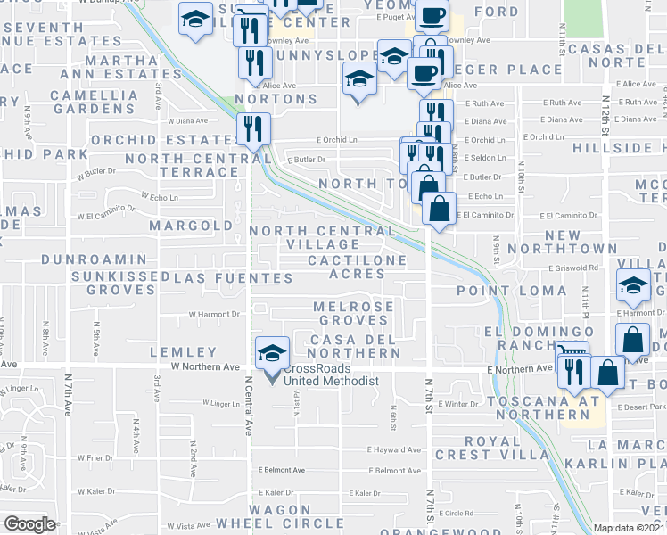 map of restaurants, bars, coffee shops, grocery stores, and more near 301 East Griswold Road in Phoenix
