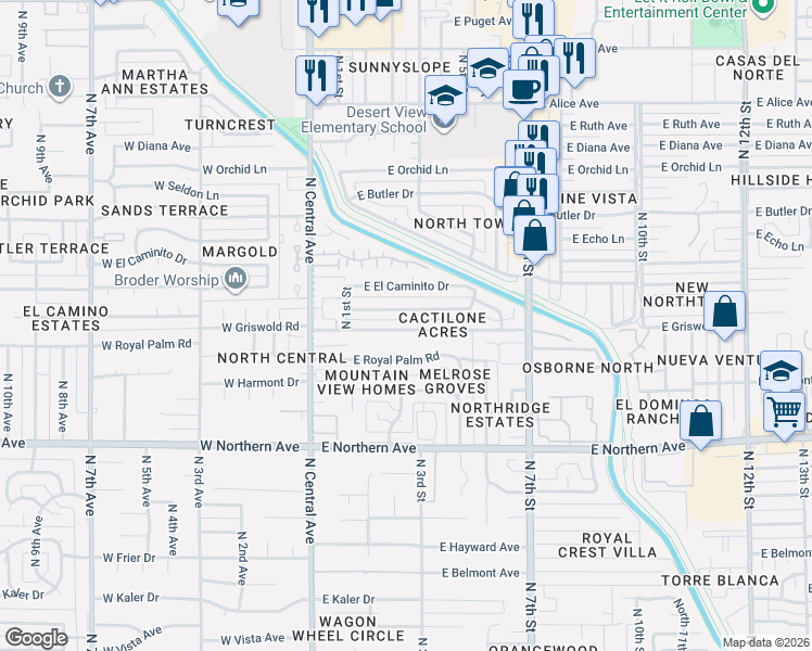 map of restaurants, bars, coffee shops, grocery stores, and more near 301 East Griswold Road in Phoenix