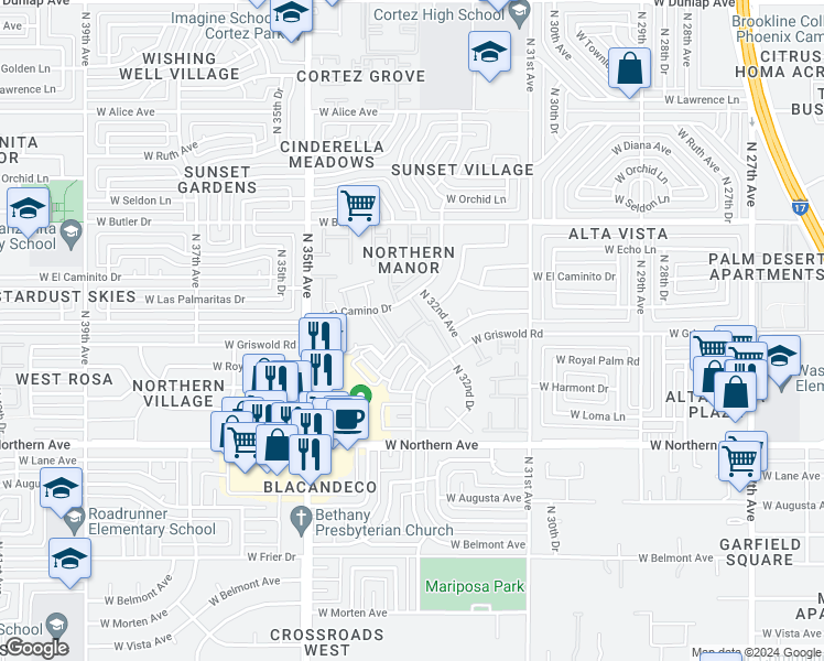 map of restaurants, bars, coffee shops, grocery stores, and more near 8144 North 33rd Avenue in Phoenix