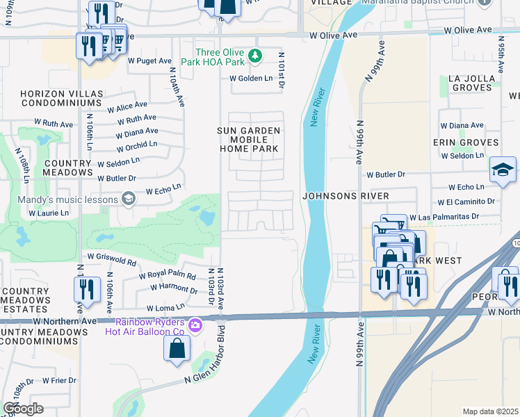 map of restaurants, bars, coffee shops, grocery stores, and more near 8301 North 103rd Avenue in Peoria