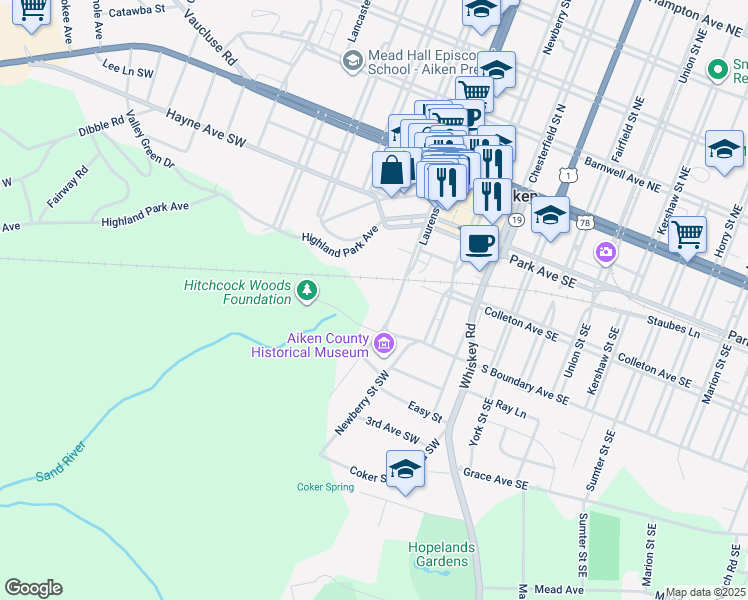 map of restaurants, bars, coffee shops, grocery stores, and more near 333 Laurens Street Southwest in Aiken