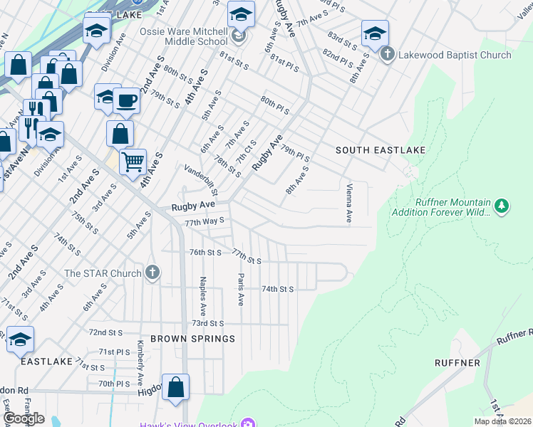 map of restaurants, bars, coffee shops, grocery stores, and more near 756 Vanderbilt Street in Birmingham