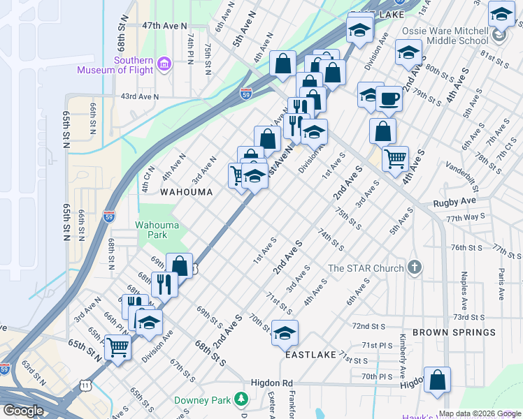 map of restaurants, bars, coffee shops, grocery stores, and more near 7305 Division Avenue in Birmingham