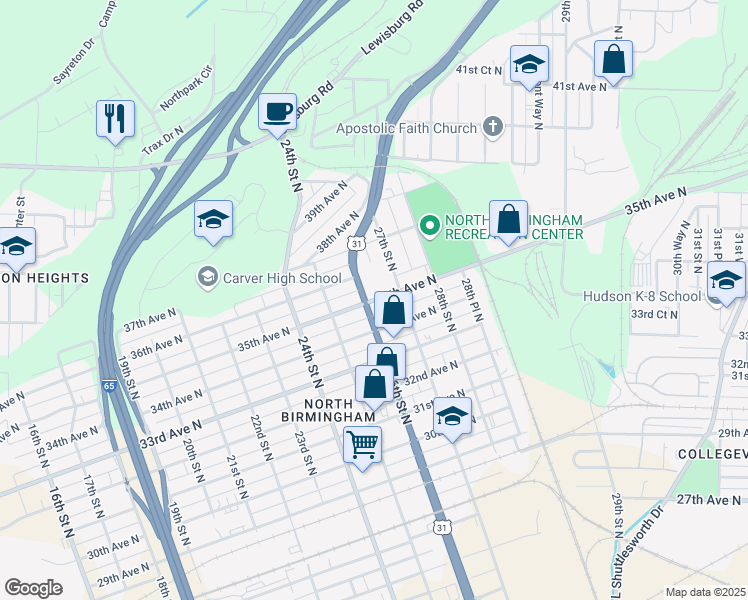 map of restaurants, bars, coffee shops, grocery stores, and more near 3424 26th Street North in Birmingham