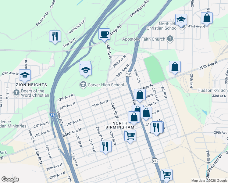 map of restaurants, bars, coffee shops, grocery stores, and more near 3515 24th Street North in Birmingham